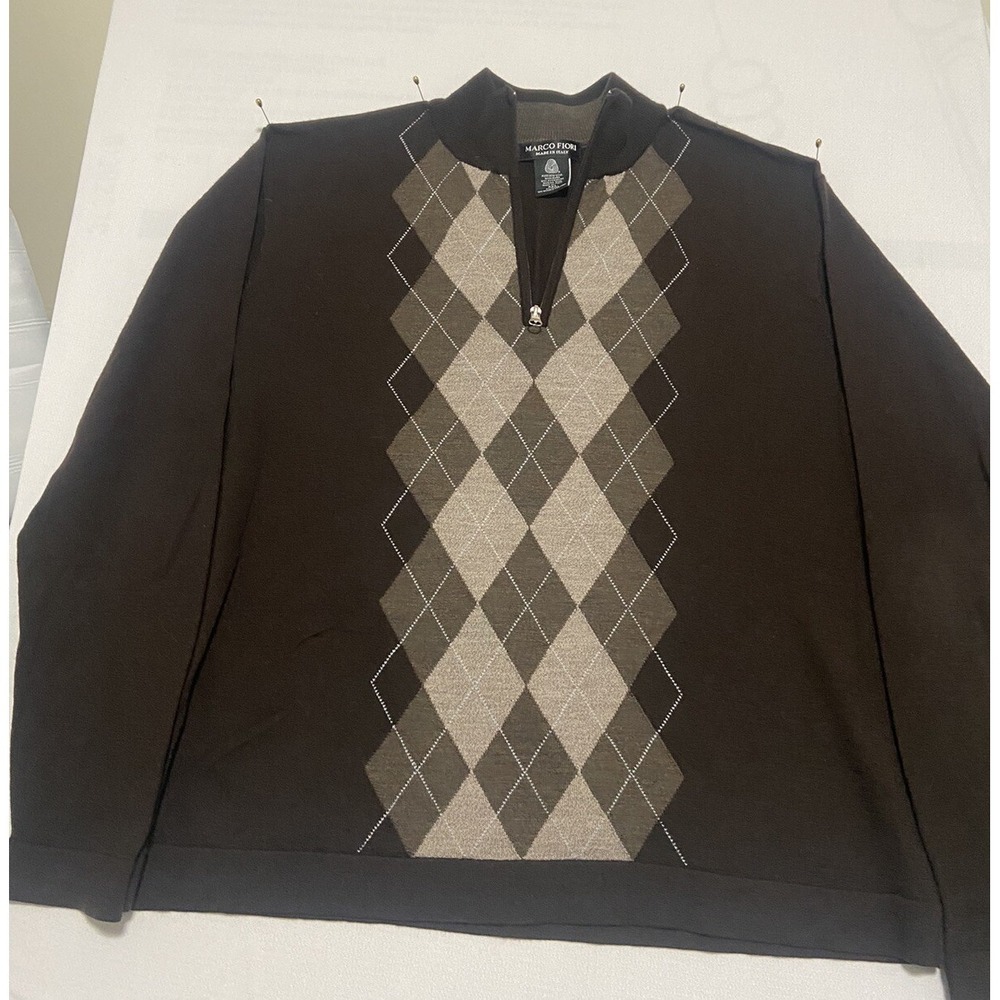 Marco Fiori Wool 1/4‎ Zip Pullover Sweater Mens 2XL Brown Argyle Long Sleeve
